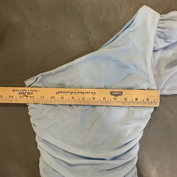 Hello Molly Blue Runched Dress Size 4 One Shoulder Balloon Sleeve Dress Mini - Picture 4 of 8